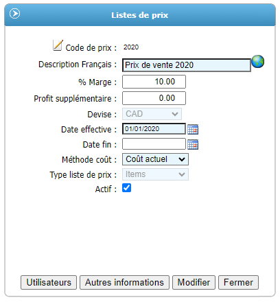 Liste de prix Utilisateur
