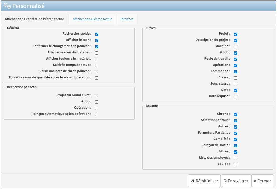 Afficher dans l'entête de l'écran tactile